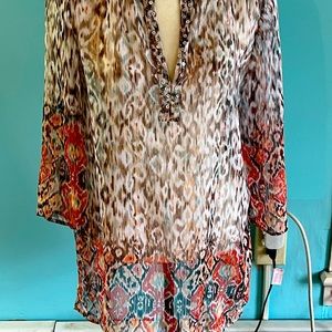 CHICO’S Tan/White/Orange Beaded Sequin Chiffon Tunic size 1 or Medium